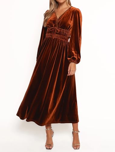 ZAFUL Women's V Neck Velvet Midi Dress Long Sleeve Formal Cocktail Dress