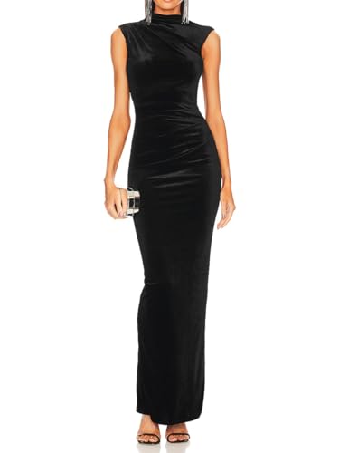 Women Backless Velvet Bodycon Maxi Dress High Neck Ruched Slit Party Dress