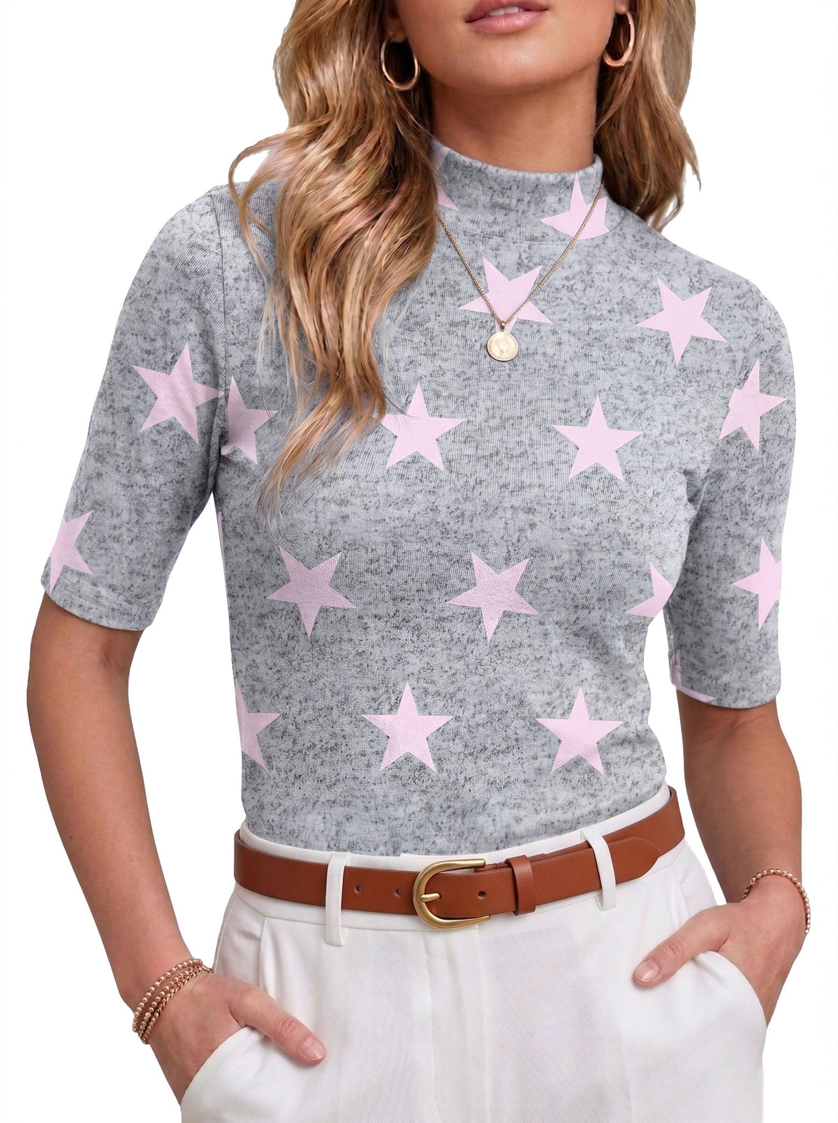 PrinStory Womens Tops Mock Neck Short Sleeve T Shirts Dressy Casual Ribbed Knit Slim Fit Summer Business Going Out Tops 2026