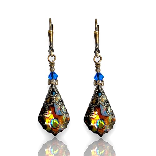 Antique Inspired Vintage Victorian Dangle Drop Earrings for Women - Colored Austrian Crystal Leverback Earrings - Jewelry Gift for Her Main image