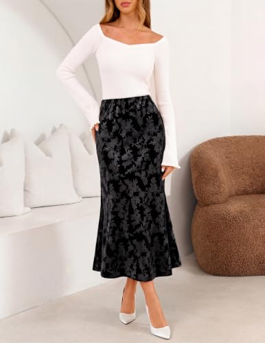 MEROKEETY Women's Fall Floral Velvet Maxi Skirt
