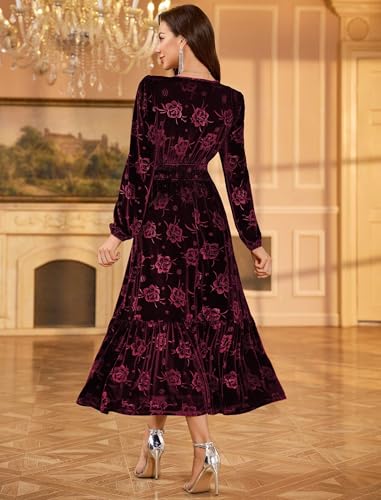 ZAFUL Womens Velvet Dress Long Sleeve Maxi Dresses Floral Smocked Waist