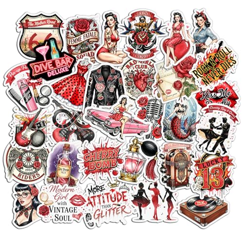 31 PCS Rockabilly Stickers Pack Pin Up Girls Vintage 1950s Retro Rose Tattoo Style Waterproof Vinyl Decals Rock N Roll Guitar Music Laptop Water Bottle Phone Case Women Aesthetic Gifts