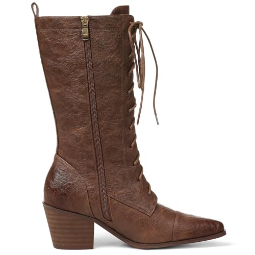 SaraIris Women's Black Mid Calf Boots Lace Up Chunky Heel Vintage Combat Heeled Dress Casual Boots