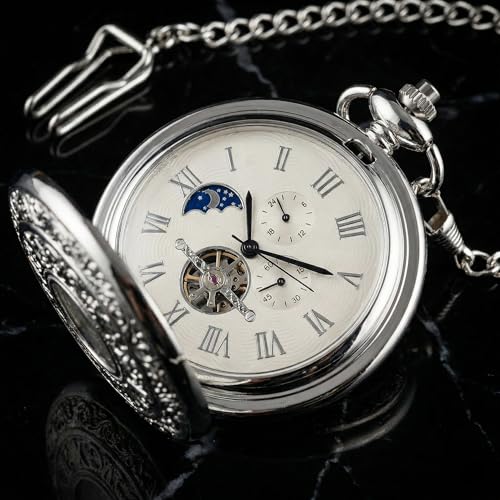 Mechanical Pocket Watch for Men — Antique Silver Wind-Up with Chain Secondary image