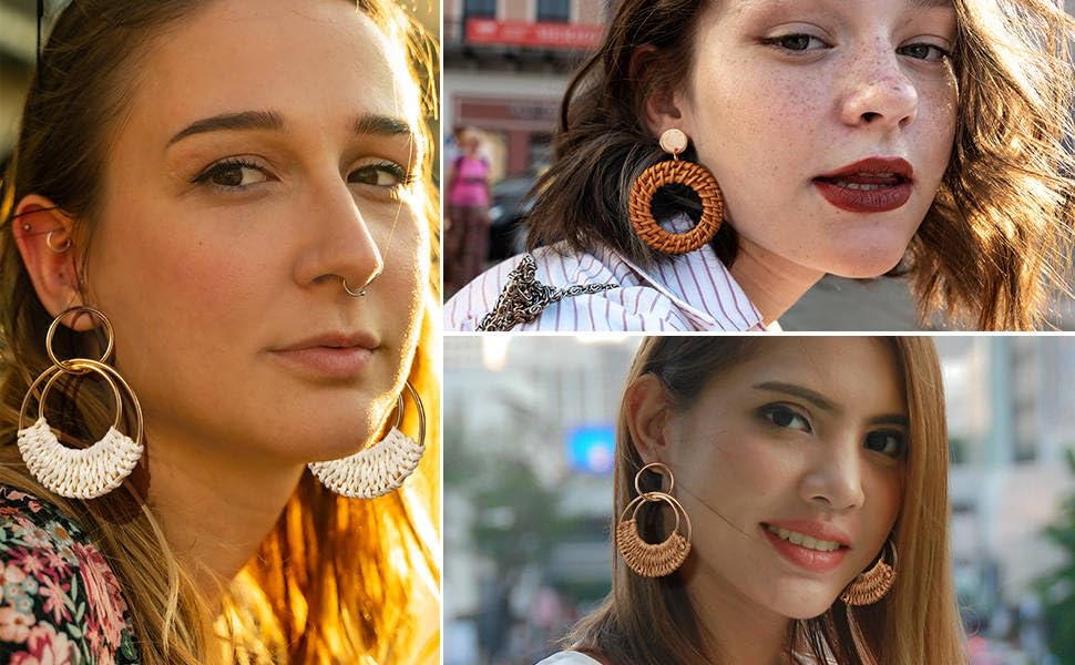 Raffia Rattan Boho Hoop Earrings (4 Pairs)