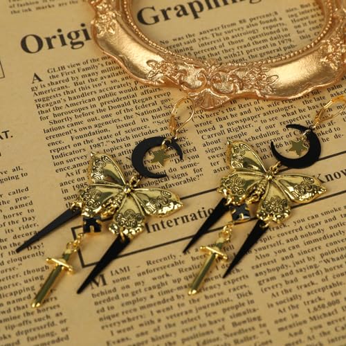 Whimsy Goth Moon & Star Butterfly Drop Earrings Whimsical Jewelry