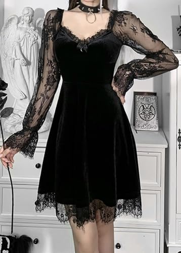 TSMNZMU Women Gothic Velvet Dress - Lace Long Sleeve Midi Lolita Dresses