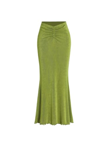 CIDER High Waist Skirts for Women Mermaid Skirt Fishtail Ruched Bodycon Long Maxi Skirt Lettuce Trim Stretchy