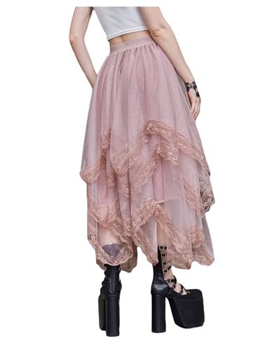 SHENHE Women's Lace Trim Layered Mesh Tulle Skirt Asymmetrical Goth Skirt