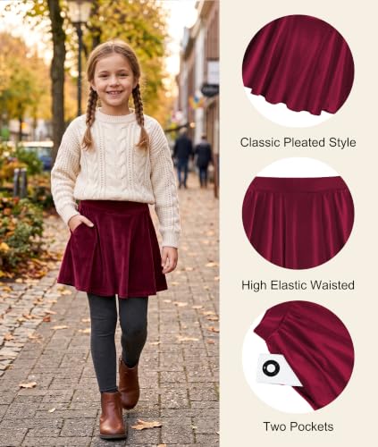 Girls Velvet Pleated Skirts Mini Strech Twirl Skirt with Pockets 6-16 Years