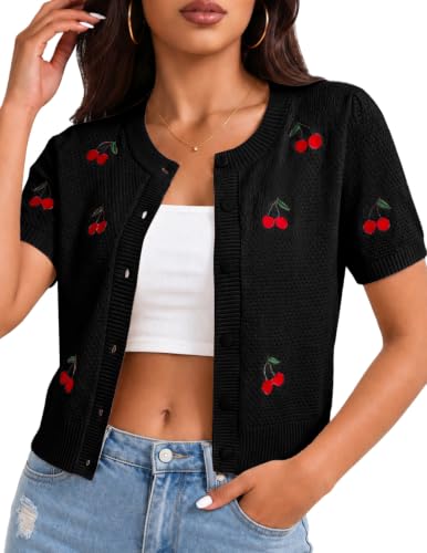Cherry Short Sleeve Cardigan for Women Cropped Lightweight Cardigan Sweater