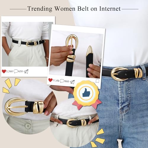 Belts For Women With Gold Buckle – Adjustable Black Leather Belt For