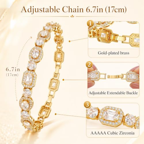 Tennis Bracelet for Women, 14K Gold Plated CZ Bracelet with AAAAA Cubic Zirconia, Hypoallergeni 6.7 Inch Sparkling Halo Tennis Bracelet