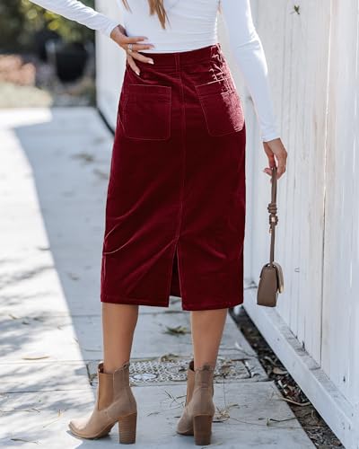 luvamia Corduroy Skirts for Women Midi Length High Waisted Trendy Fall Elastic Waist Casual Stretchy Welt Pockets Skirt