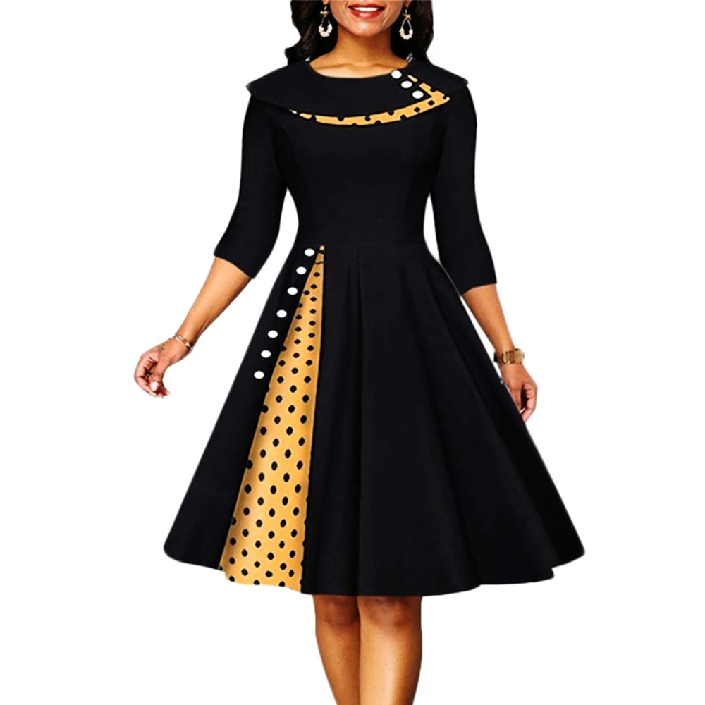 Dress Rockabilly Polka Dot Print Sexy Patchwork Long Sleeve High Waist Swing Casual Party Midi Vestidos Robe Main image