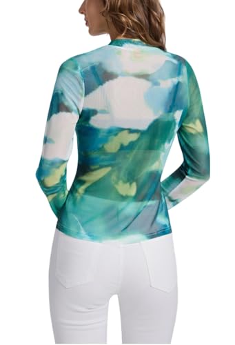 Womens Mesh Long Sleeve Tops Mock Neck Sexy Sheer See Through Tee Shirts Party Club Night Lace Blouse