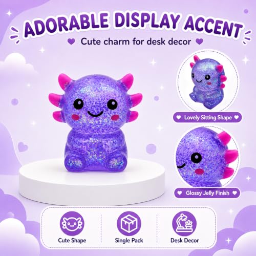 Axolotl Squishy Stress Relief Toy for Kids & Adults, Cute Glitter Sensory Fidget Toy, Soft Squeeze Toy for Anxiety Relief, Birthday Party Favor Gift (Purple)