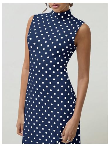 Milumia Women's Polka Dots Maxi Tank Dress Vintage Mock Neck Long Dresses