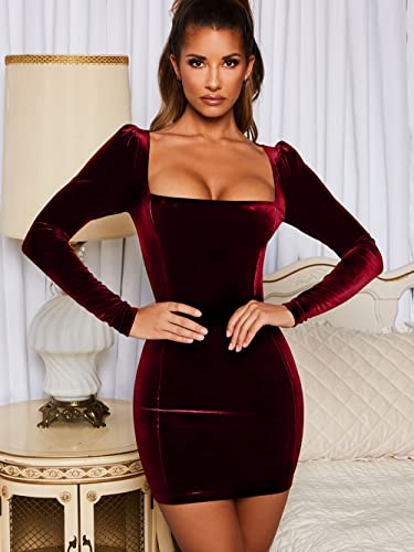 GOBLES Women's Velvet Long Sleeve Square Neck Bodycon Mini Dress