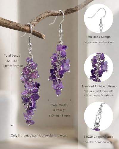 Natural Tumbled Stones Earrings for Women, Reiki Healing Crystal Long Dangle Hook Eardrop