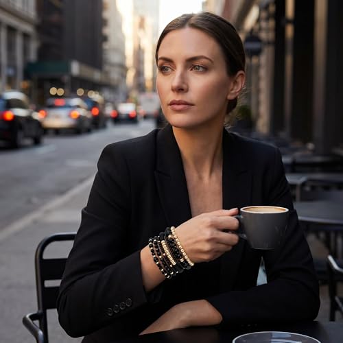 Bohemian Stackable Beaded Bracelets for Women, Multilayer Stretch Bead Bracelet Set, Vintage Boho Stacking Bracelets, Bohemian Jewelry Gifts for Women (Black)
