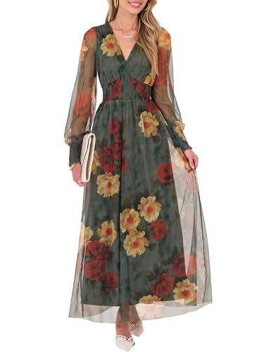 ANRABESS Women's Fall Wedding Guest Tulle Floral Long Sleeve Maxi Dress