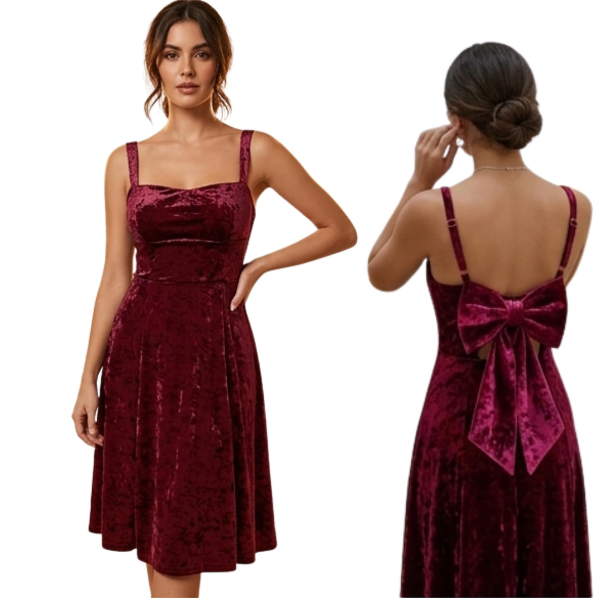 Elegant Classy Crushed Velvet Sleeveless Dress with Bow tie and Adustable Straps Short Formal Dress