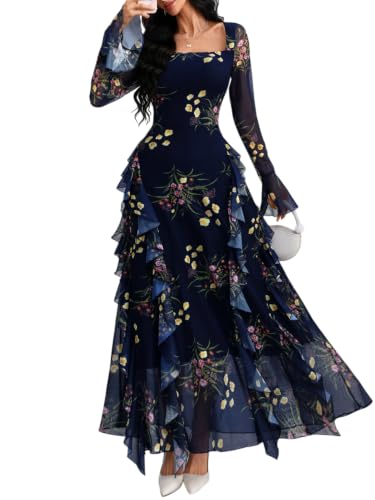 GothDark Women's Floral Dress Long Sleeve Square Neck Ruffle Party Outfit
