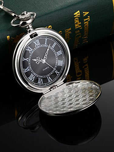 Men's Quartz Pocket Watch with Black Dial and Chain