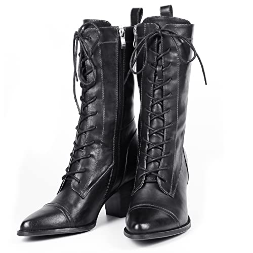 UTIKLIOU Women's Mid Calf Boots Lace up Combat Boots Leather Side Zipper Winter Boots Faux Fur Lining