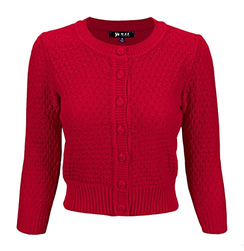 YEMAK Women's Cropped 3/4 Sleeve Crewneck Button-Down Cardigan Sweater