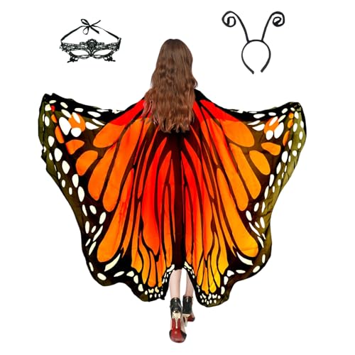Sunlisky Adult Butterfly Costume Women Monarch Butterfly Wings Cape Shawl Halloween 3Pcs Mask Headband Main image
