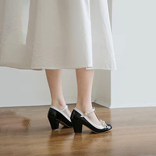 Bellirala Womens Rockabilly Shoes T-Strap Mary Jane Block High Heel Closed Toe Pumps