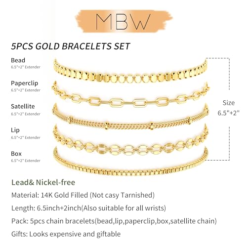 Dainty Simple Gold Bracelets for Women, Stackable Satellite Paperclip Lip 14K Gold Plated Bracelet Set Tiny Lip Dot Chain Box Link for Minimalist Gift Cute Trendy Jewelry Gold Accessories for Women