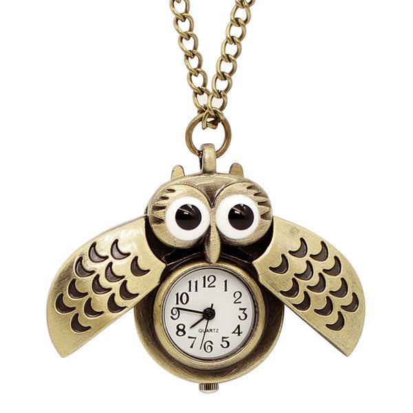 Vintage Cute Flying Owl Pocket Watch, Long Chain Sweater Pendant Neckl