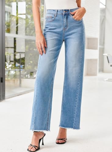 Sidefeel Women's Wide Leg Jeans High Waisted Stretchy Raw Hem