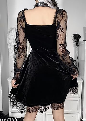 TSMNZMU Women Gothic Velvet Dress - Lace Long Sleeve Midi Lolita Dresses