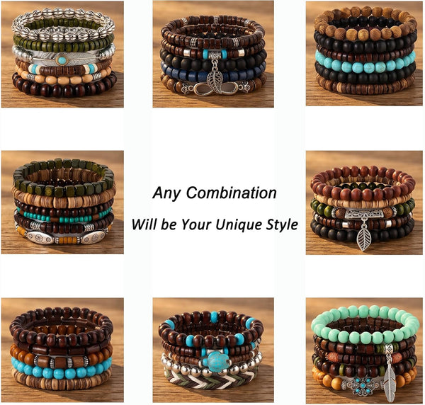SONNYX 43Pcs Punk Wooden Beads Bracelets Gothic Bracelet for Men