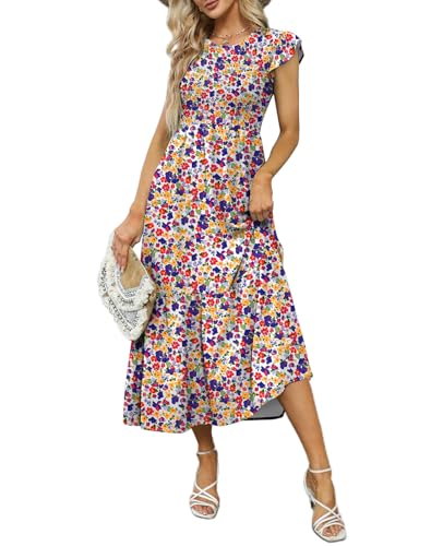OFEEFAN Women's Casual Maxi Dresses with Pockets Ruffle Sleeve Smocked Dress XS-2XL