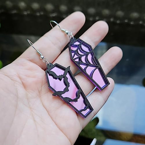 Halloween Coffin Mirror Asymmetric Hook Hoop Earrings Acrylic Bat Spider Web Horror Casket Dangle Drop Earring Punk Jewelry Gifts for Women Bff