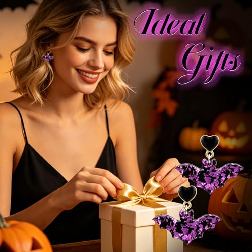 Halloween Bat Earrings for Women, Halloween Gothic Purple Bat Earrings