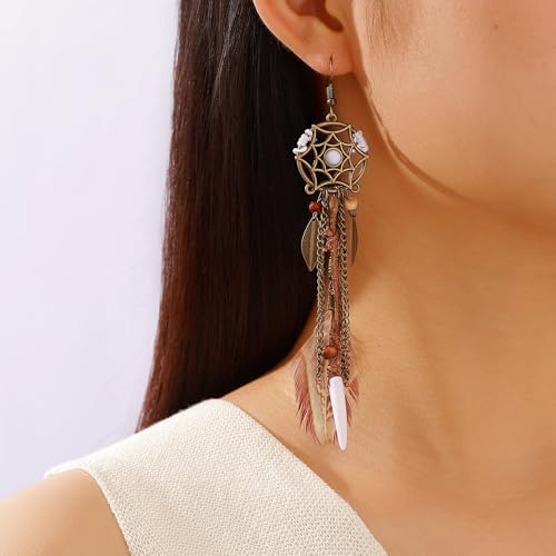 Brown Dream Catcher Feather Boho Earrings