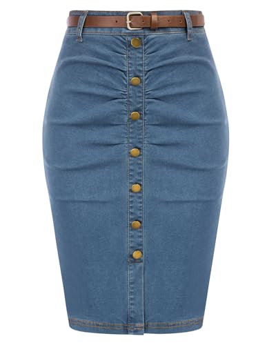 Belle Poque Denim Pencil Skirt for Women Ruched Bodycon Jeans Skirt with Belt High Waisted Pencil Skirts Main image