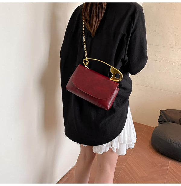Women's Safety Pin Leather Crossbody Clutch with Gold Handles & Chain