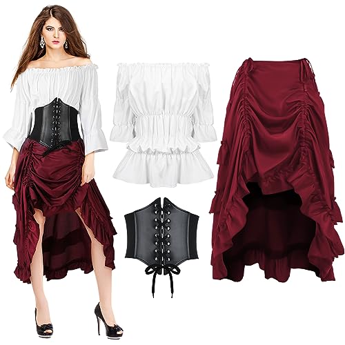 Suhine 3 Pcs Women Renaissance Medieval Pirate Costume