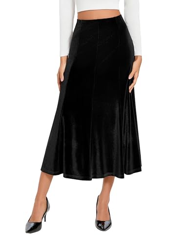 Urban CoCo Women's Velvet A-Line Midi Skirt High-Waisted Stretch