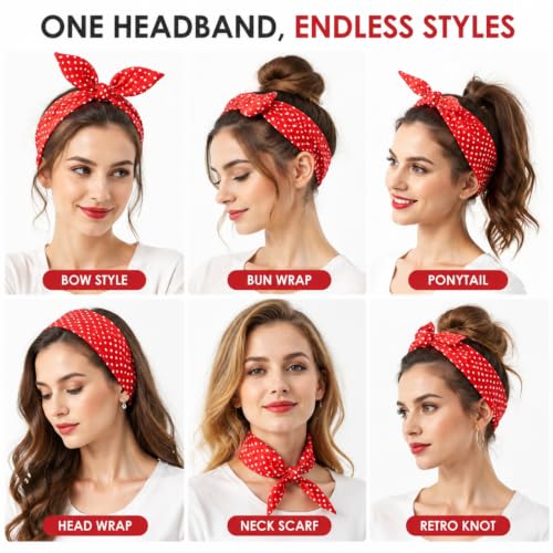 2 Pcs Polka Dot Headband, Halloween 50s Accessory(Red, Black,Small Dots)