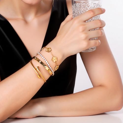 18K Gold Plated Bangle Bracelet Set for Women Stackable Lucky Floral Adjustable Tennis Bracelet Non Tarnish Gift Jewelry for Christmas Valentines Birthday Mother's Day
