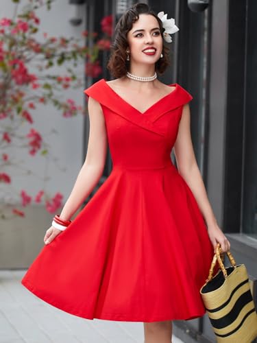 MUXXN Women's 1950s Retro Vintage Sleeveless V Neck Midi Cocktail Swing Dress